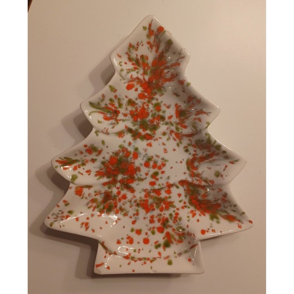 1973 Christmas Tree Serving Tray Ceramic Splatter Drip Handmade & Hand Painted - Picture 1 of 7